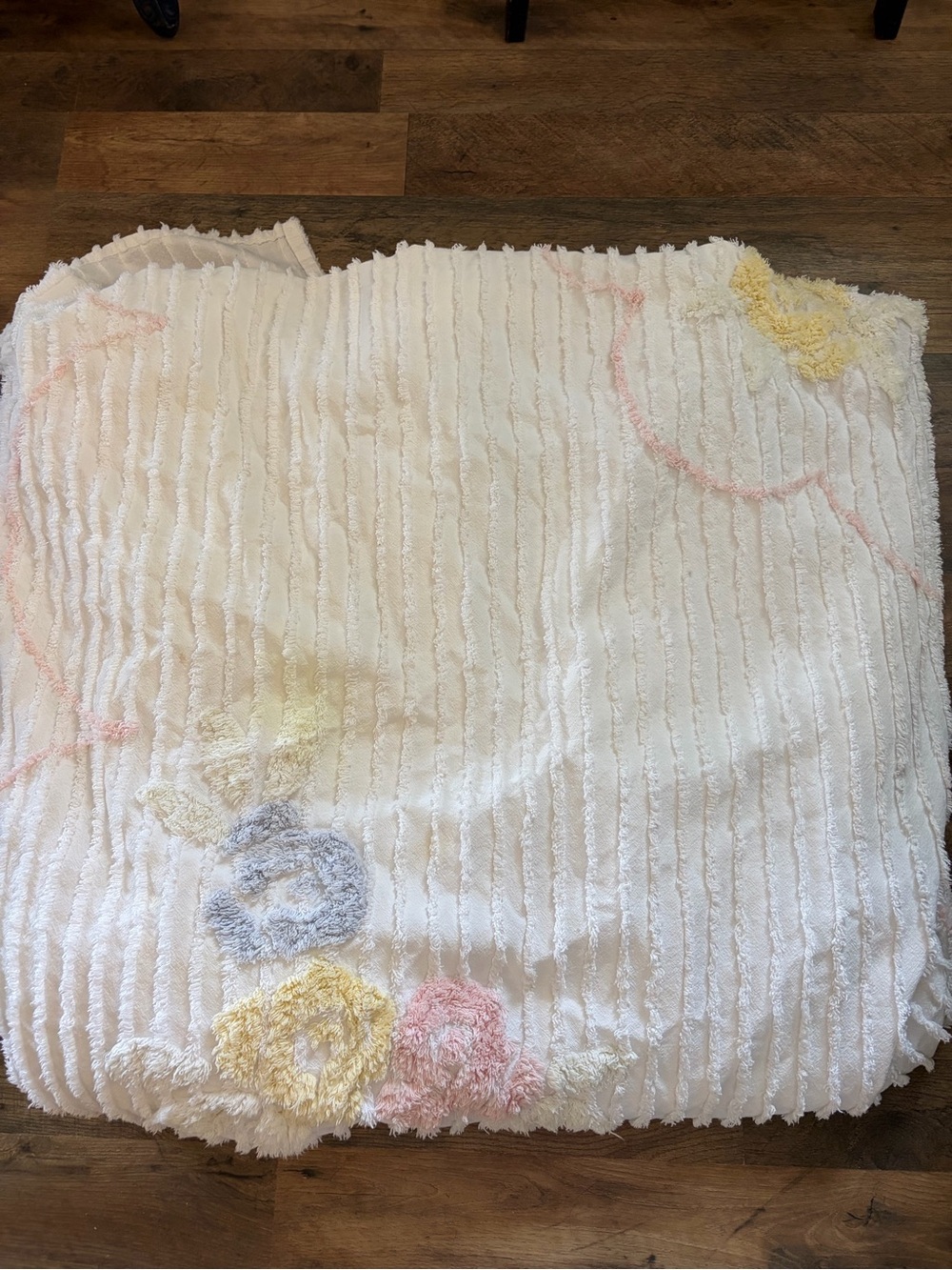 Vintage Textured Chenille Bedspread King Size with Pastel Floral Accents